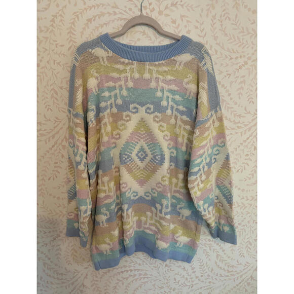 80's Vintage Pastel Geometric Lurex Rainbow Knit Sweater - Picture 1 of 9